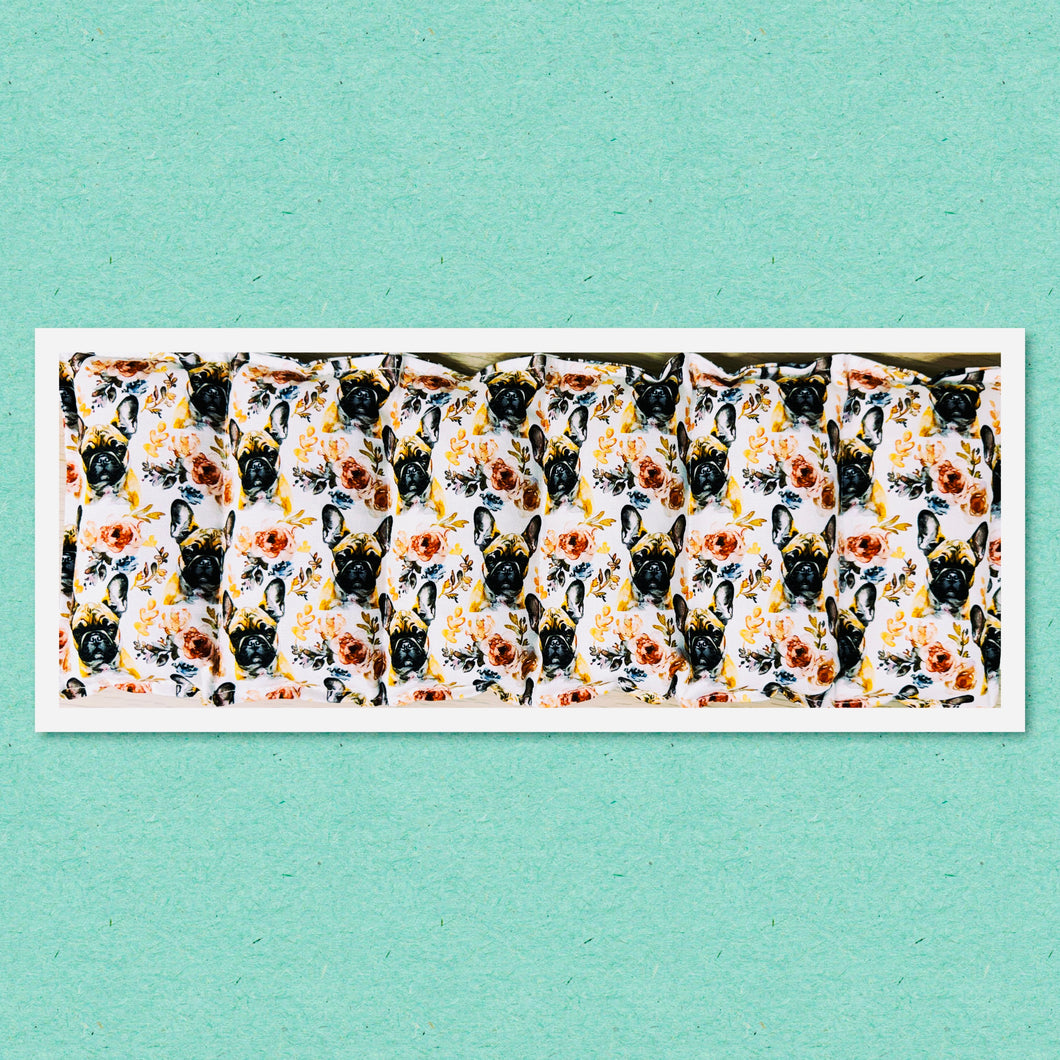 Lupin-filled hot or cold back and long pack period, endo  & back pain, or inflammation –  french bulldog and floral cotton print